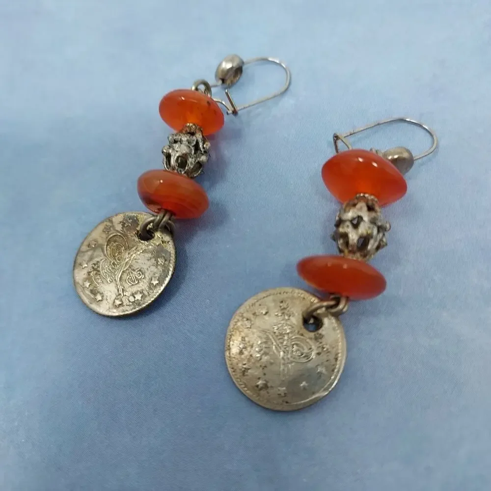 Vintage Silver Antique Coin Carnelian Earrings 2 Kurus 1876-1908 Constantinople